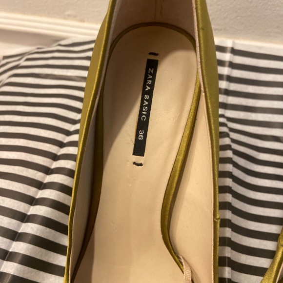 ZARA BASIC CHARTREUSE SATIN BOW HEELS SZ 36 SATEEN FORMAL WEDDING TUXEDO CHURCH - Picture 8 of 16